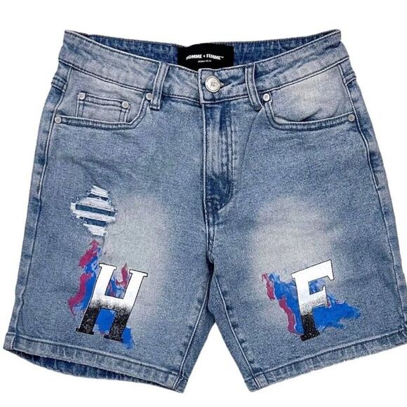 Homme + Femme Hand Paint Logo Distressed Denim Jean Shorts, Size 30 New w/ Tag - Picture 1 of 5